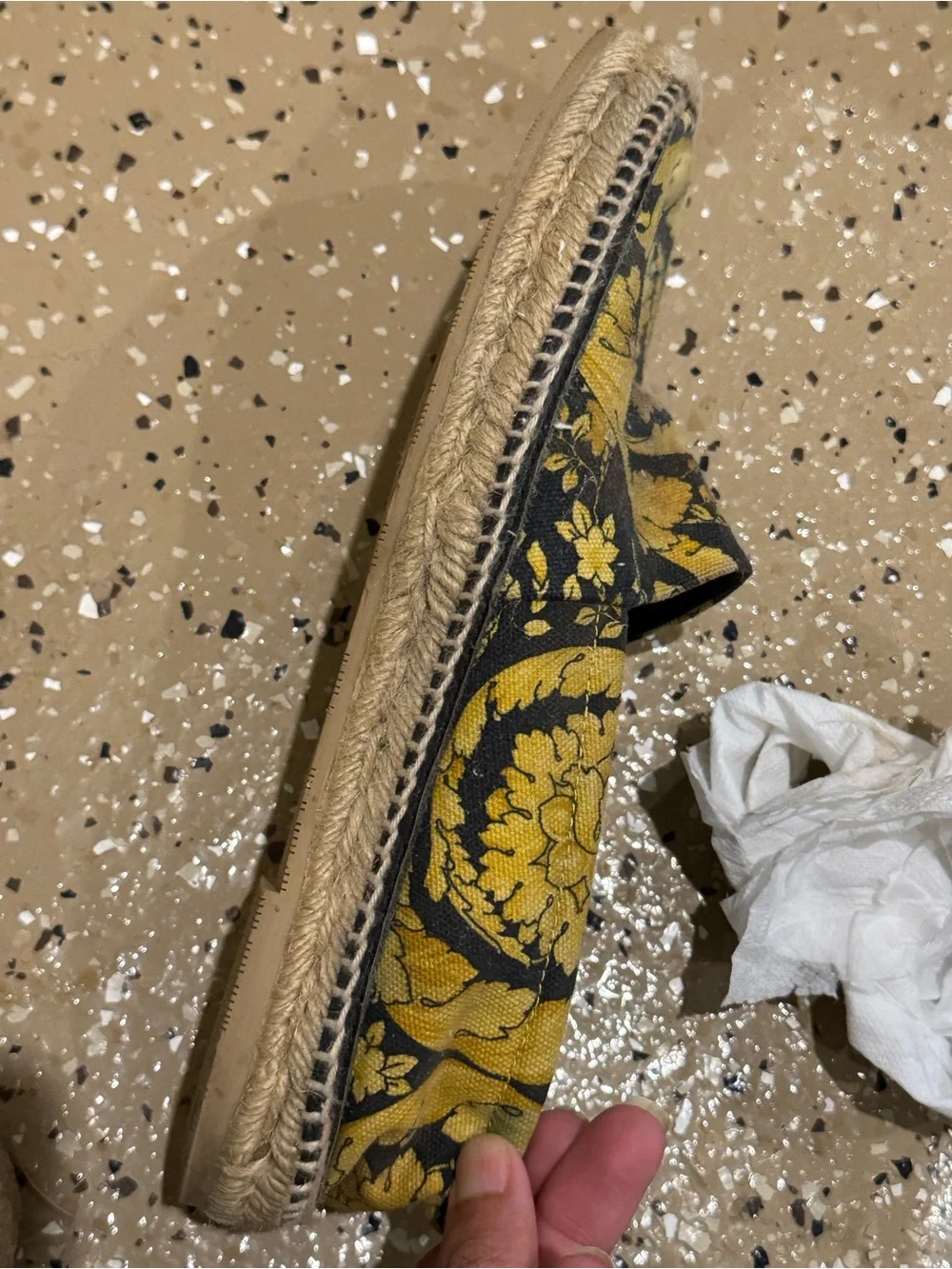 Versace Yellow and Black Floral Espadrille Slip-Ons